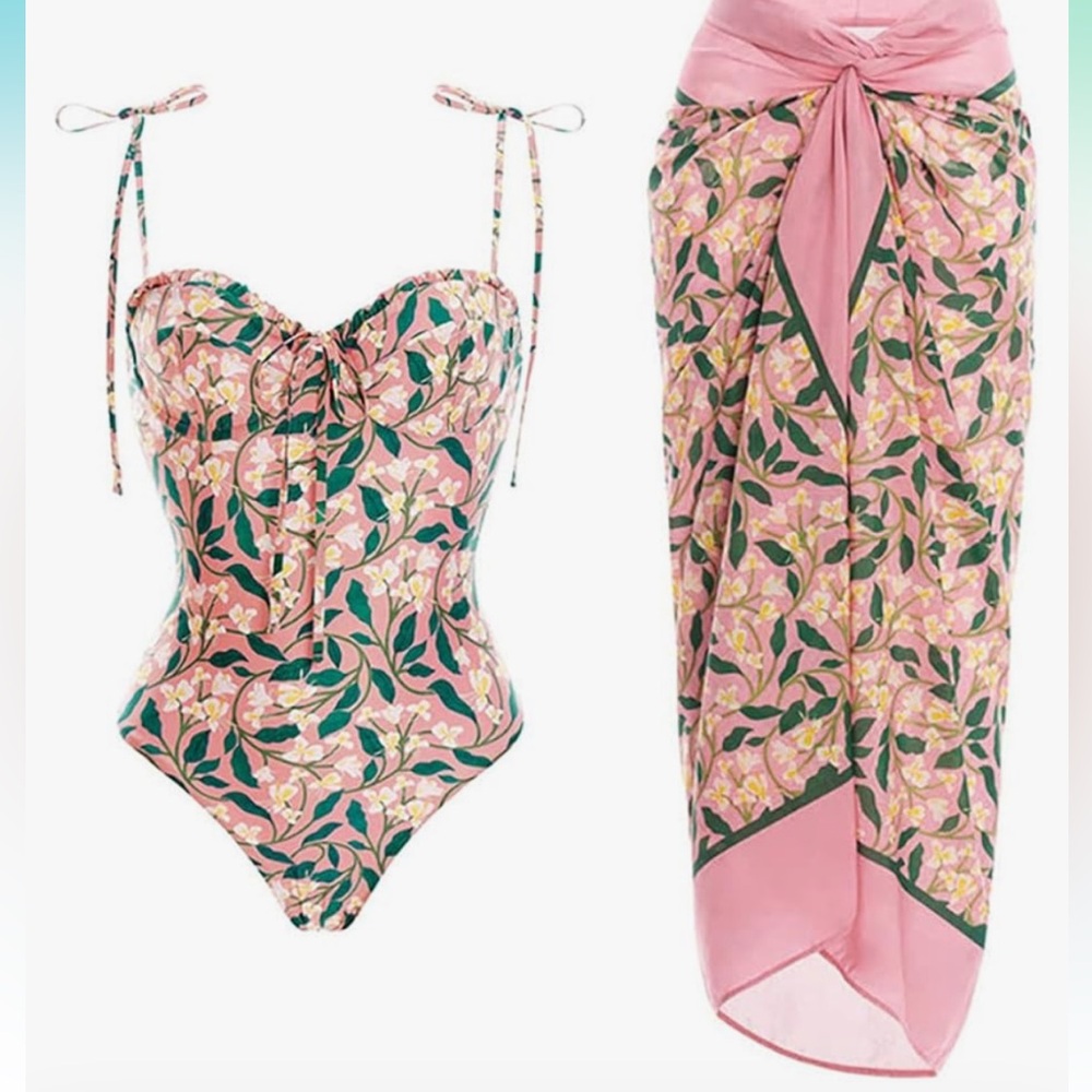 Pink floral one piece swimsuit with matching sarong, size S